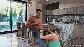 Big naturals couple cheats in kitchen with deepthroat facial fun