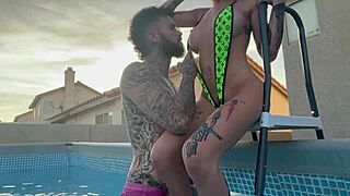 Pool boy tease with wet pussy licking doggystyle and assplay