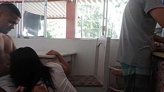 while the cuckold husband washes dishes his friend bangs the latina housewife roughly at breakfast