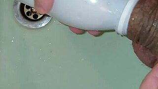 Tattooed cuck vacuums big dick with bottle suction