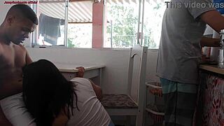 while the cuckold husband washes dishes his friend bangs the latina housewife roughly at breakfast