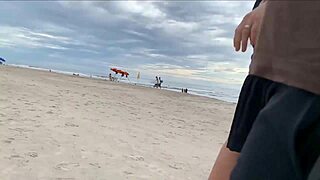Public beach POV milf handjob blowjob on monster cock ends with big tits cumshot as watchers stare