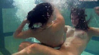 katka and barbara's big tits bounce in tight pussy pool play underwater