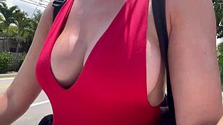 Hot milf's big boobs tease outdoors?