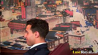 Blonde babe rides two police officers cowgirl after office blowjob and tit play