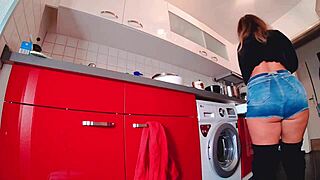 curvy fat ass teases in tight steamy short jeans and thong