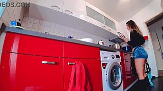 curvy fat ass teases in tight steamy short jeans and thong