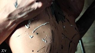 Eva Gold's huge fake tits painted wild dance into erotic shower busty blast