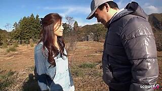 japanese teen tricked into outdoor gangbang creampie with hairy pussy filled rough!