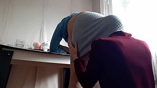 Secretary milf boss bends over desk, skirt up for long ass licking then doggystyle anal