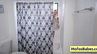 Sexy blonde chloe rose massages natural boobs post-shower then fingers pink shaved pussy 😍🧼