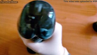 Jerking Monster Black Dildo with Gloves in Close-Up Pov