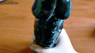 Jerking Monster Black Dildo with Gloves in Close-Up Pov