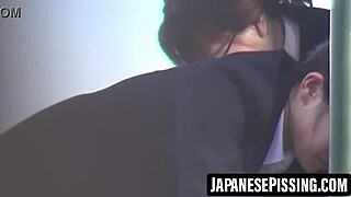 Cute japanese girl pees hard bathroom floor then cleans up 🥵🚽