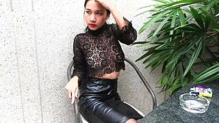 wanna see this young goddess smoke topless in leather skirt outdoors?