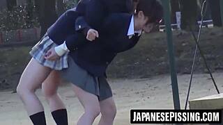 Cute japanese girl pees hard bathroom floor then cleans up 🥵🚽