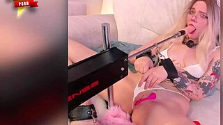 Bold BDSM cosplay slave spanks pussy with dildo machine moaning loud