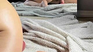 Barefoot milf rides dildo in asshole closeup