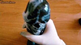 Jerking Monster Black Dildo with Gloves in Close-Up Pov