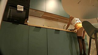 Hey sexy housewife, flash those panties lips in stockings heels and miniskirt while bending in kitchen?