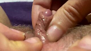 close-up clit stimulation builds to intense orgasm for her