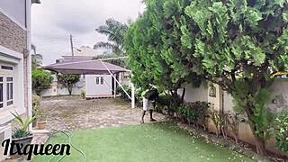 submissive black babe moans as giant african cock stretches her big pussy lips garden doggystyle