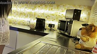 wanna see this hot brunette's big ass and pussy thru her sheer miniskirt in kitchen?