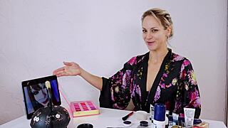 Blonde geisha applies makeup in cute sfw cosplay roleplay