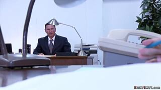 busty blonde secretary bound in bdsm gear takes rough double penetration anal gangbang