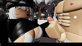 Blonde gives blowjob in snowy forest nature