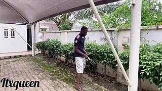 submissive black babe moans as giant african cock stretches her big pussy lips garden doggystyle