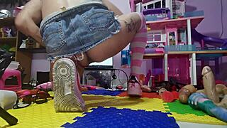 skinny shemale teen plugs ass with toy before monster cock ride