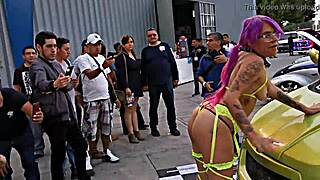Mexican teen with pigtails and garters stops traffic flashing pussy at car show