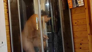 I stroke monster cock watching big tits ass shower voyeur in log cabin