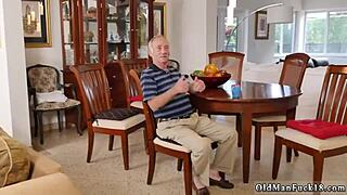 Old man chills hard sexing young brunette teen in raw hardcore action all night