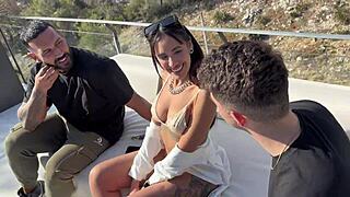 Pool girl squirts wildly on two huge spanish cocks