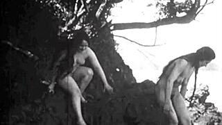 Vintage nudes pose naturally amid lush outdoor wilderness and retro vibes