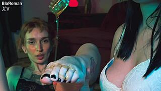 craving to lick her sexy brunette redhead honey feet barefoot toes lesbian bisexual femdom choking deepthroat group