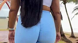 wife struts morning walk in tight leggings flaunting ass