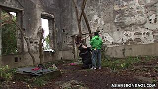 lusty sayo hayakawa's hairy pussy and ass stuffed full with naughty outdoor bondage toys