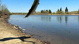 i was young cute petite angler girl went fishin after school in forest wearin skirt socks fishnets