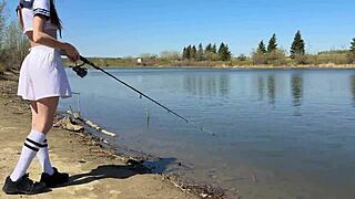 i was young cute petite angler girl went fishin after school in forest wearin skirt socks fishnets