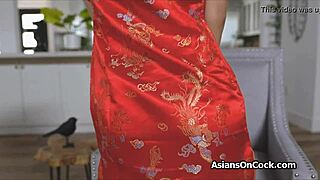 chinese babe in red silk cheongsam rides fat cock fingering her wet pussy