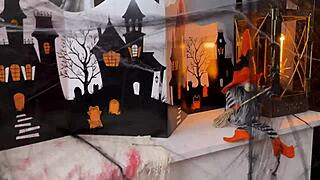 halloween bisexual ffm threesome with big natural tits and shaved pussies