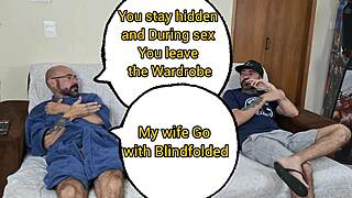 blindfolded wife tricked by friend in bedroom surprise
