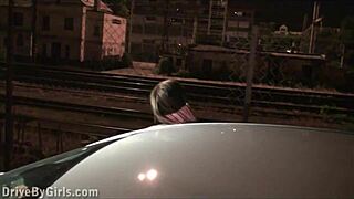 pretty teen alexis crystal kneels by car window sucking random guys cocks in public blowjob orgy