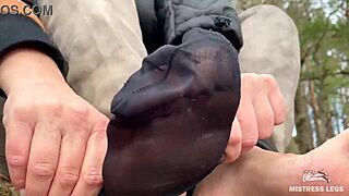 jeans hug her beautiful nylon socks teasing cute feet close-up outdoors compilation