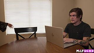 Mature Cougar Rides Boyfriend's Son Deep Then Covers Tits Cum!