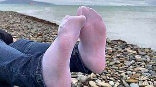 jeans hug her beautiful nylon socks teasing cute feet close-up outdoors compilation