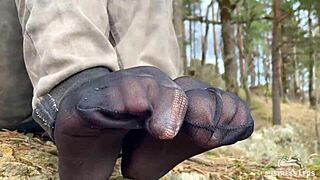 jeans hug her beautiful nylon socks teasing cute feet close-up outdoors compilation